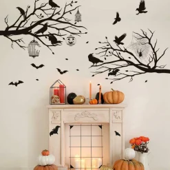 Halloween Wall Decals Black Tree Branch & Crow Stickers, Gothic Peel and Stick Wall Art Mural, Removable Vinyl Halloween Decorations for Bedroom Living Room, Spooky Party Decor for Windows Doors Mirrors