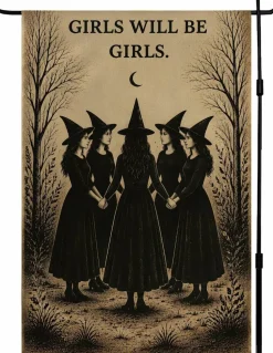 Halloween Witch Garden Flag Girls Will Be Girls, Double Sided Spun Polyester Yard Flag, Halloween Outdoor Indoor Decor for Porch Patio Lawn Garden Party Trick or Treat Decoration