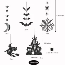 Halloween Witch Garland for Haunted House Decoration Black Glitter Gothic Sticker Decals Star Moon Hanging Streamers Backdrop for Halloween Party Birthday Baby Shower Office Classroom Decor