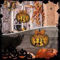 Halloween Wooden Black Cat Door Wreath Sign, Vintage Happy Halloween Hanging Front Door Decoration with Pumpkin and Spider, Rustic Farmhouse Wall Decor for Indoor Outdoor Porch Party