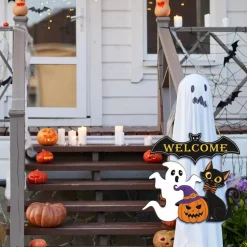 Halloween Wooden Door Sign, Ghost Welcome Wreath with Pumpkin, Bat and Black Cat Design, Rustic Farmhouse Hanging Decor for Front Door, Wall, Window, Indoor Outdoor Halloween Party Decoration