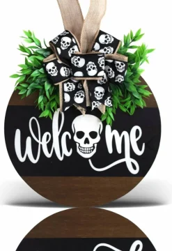 Halloween Wooden Welcome Sign for Front Door Skull Door Hanger Round Wooden Wreath with Bow Farmhouse Halloween Wall Decor for Home Porch Party Decorations