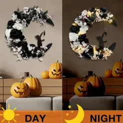 Halloween Wreath for Front Door, Flower Moon Cat Spooky Autumn Wreath, 13.7 x 9.8 Inch Handmade Halloween Home Door Wall Decoration for Indoor Outdoor Seasonal Decor