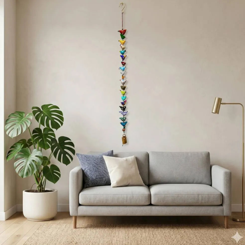 Handmade Cotton Bird Wall Hanging with Bell | Boho Multicolor Bird Decor | Vertical Wall & Door Hanging Ornament