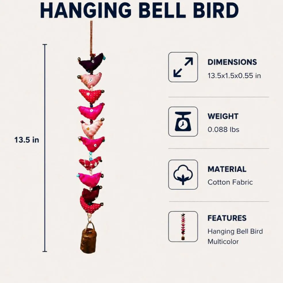 Handmade Cotton Bird Wall Hanging with Bell | Boho Multicolor Bird Decor | Vertical Wall & Door Hanging Ornament