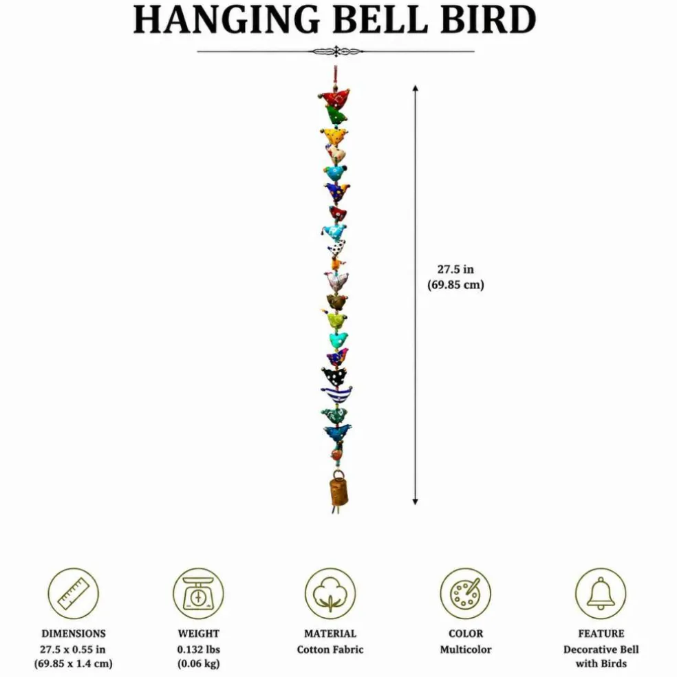 Handmade Cotton Bird Wall Hanging with Bell | Boho Multicolor Bird Decor | Vertical Wall & Door Hanging Ornament