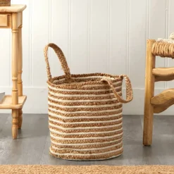 14'' Handwoven Stripe Natural Cotton and Jute Boho Chic Basket Planter