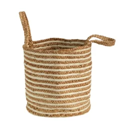 14'' Handwoven Stripe Natural Cotton and Jute Boho Chic Basket Planter