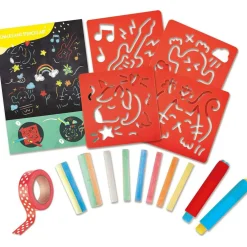 Hape: Chalks & Stencils Art - 22pcs, Activity Art Kit, Stencils, Colorful Dustless Chalk Pieces & Holders, DIY Arts & Crafts Playset, Kids Ages 3+