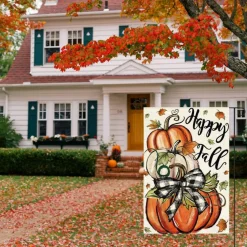 Happy Fall Garden Flag 12x18 Inch Double Sided Autumn Pumpkins Yard Banner, Weather & Fade Resistant Outdoor Porch Lawn Seasonal Home Decoration Flag