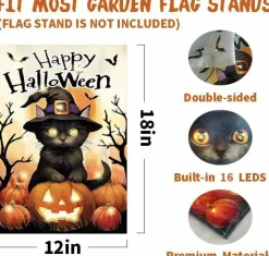 Happy Halloween Cat Pumpkin Flag with Solar LED Lights (12"x18")