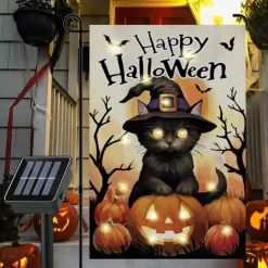 Happy Halloween Cat Pumpkin Flag with Solar LED Lights (12