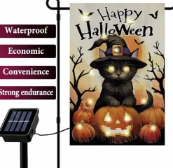 Happy Halloween Cat Pumpkin Flag with Solar LED Lights (12