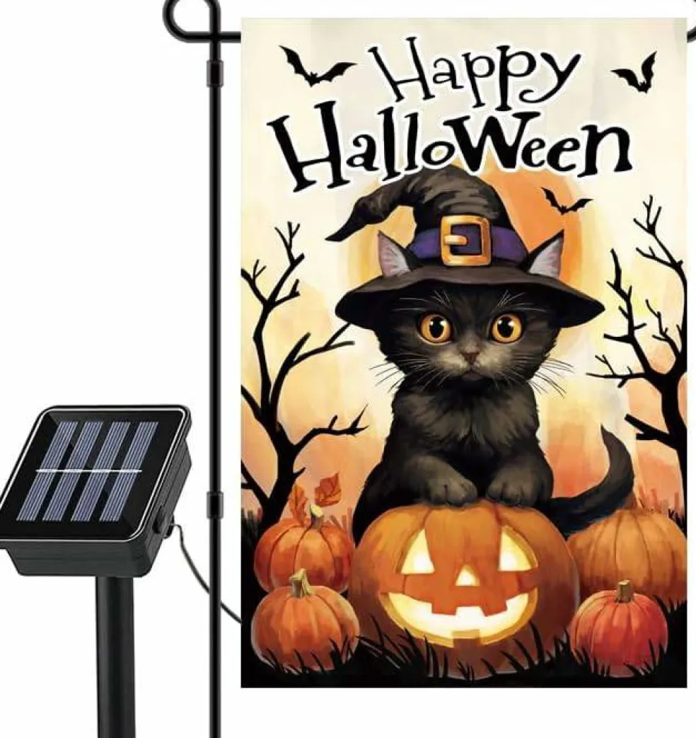 Happy Halloween Cat Pumpkin Flag with Solar LED Lights (12"x18")
