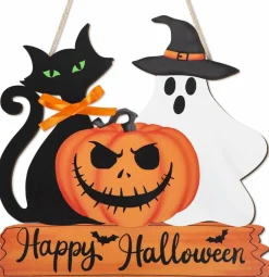 Happy Halloween Door Sign Wooden Ghost Pumpkin (Classic)