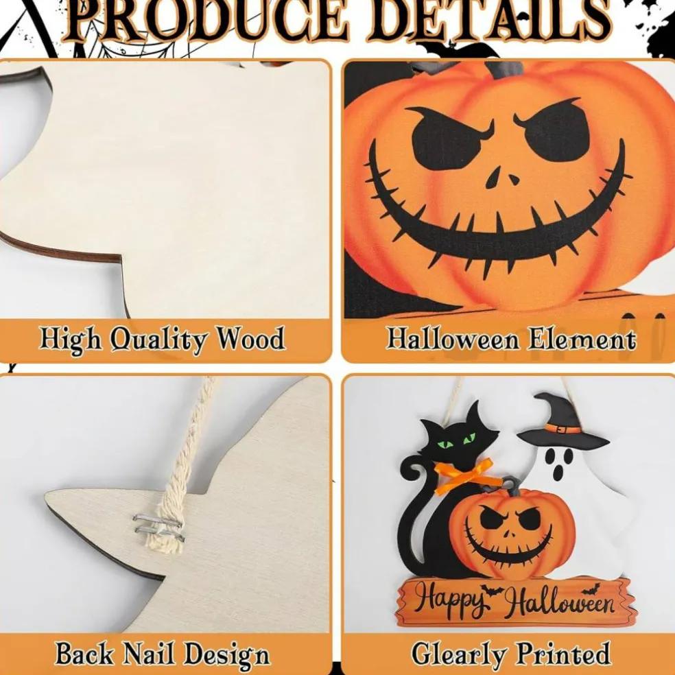 Happy Halloween Door Sign Wooden Ghost Pumpkin (Classic)