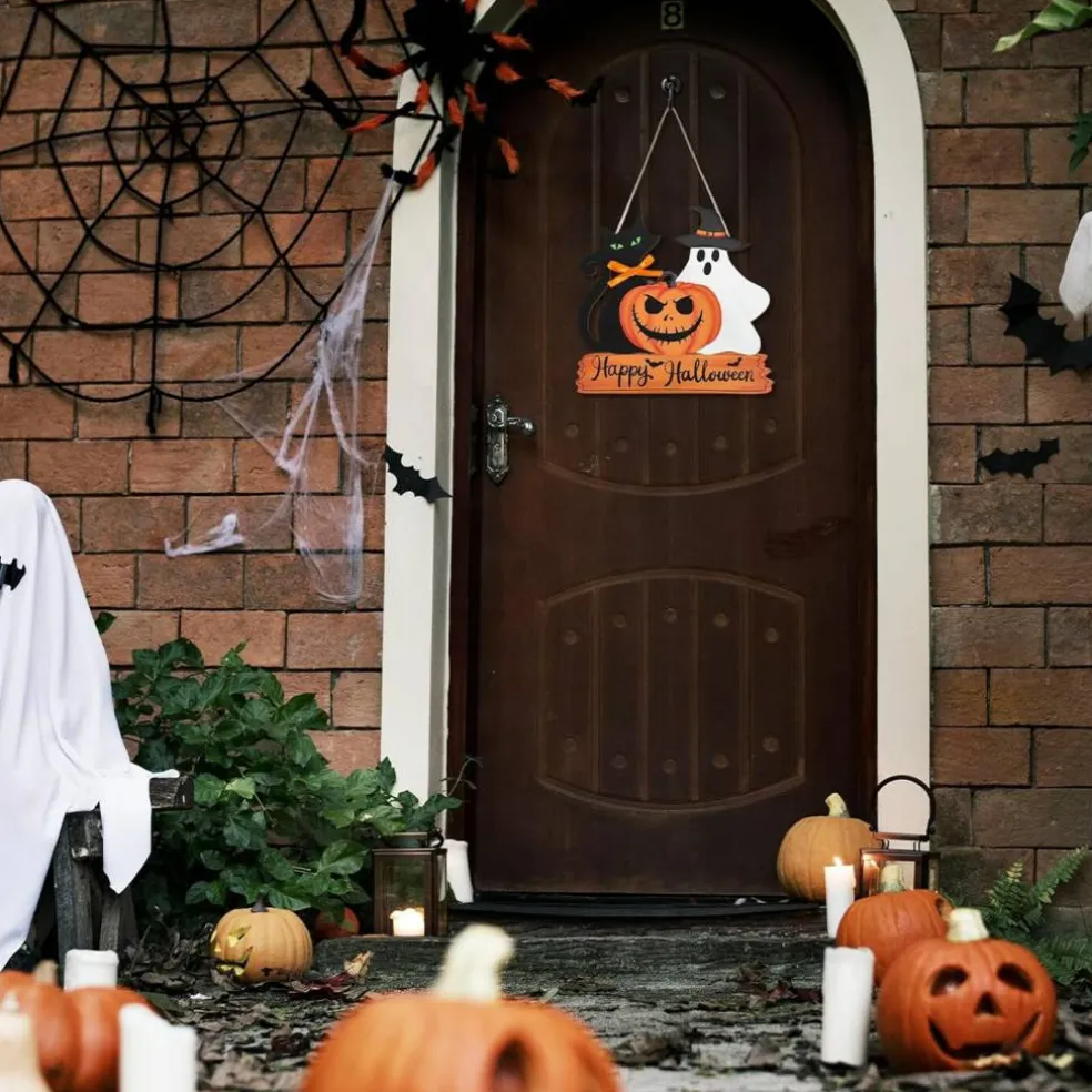 Happy Halloween Door Sign Wooden Ghost Pumpkin (Classic)