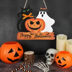 Happy Halloween Door Sign Wooden Ghost Pumpkin (Classic)