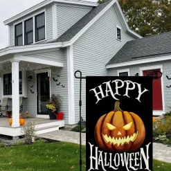 Happy Halloween Garden Flag 12 x 18 Inch, Double-Sided Burlap-Look Halloween Yard Sign with Scary Pumpkin Welcome Design, Outdoor Porch, Lawn, Garden & Front Yard Decoration
