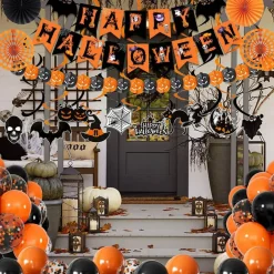 Happy Halloween Trick or Treat Banner Paper Fan Balloons & Swirl Streamers Goul Bat Cat Bird Ghost Pumpkin Lantern for Party Decorations