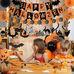 Happy Halloween Trick or Treat Banner Paper Fan Balloons & Swirl Streamers Goul Bat Cat Bird Ghost Pumpkin Lantern for Party Decorations