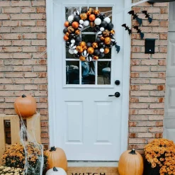 Happy Halloween Wreath for Front Door 18 Inch – Artificial Ball Wreath Halloween Decorations for Home, Indoor Outdoor Wall, Window, Fireplace & Party Decor