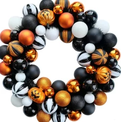 Happy Halloween Wreath for Front Door 18 Inch – Artificial Ball Wreath Halloween Decorations for Home, Indoor Outdoor Wall, Window, Fireplace & Party Decor