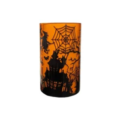 Haunted House Orange & Black Tall Glass Decorative Container 8"