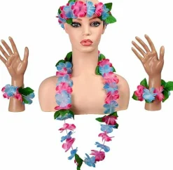 Hawaiian Hula Leis sets Artificial Flowers Fabric Wreath Neck Loop Wristband Headband Dance Garland Leis Sets for Luau Party Costumes (6 sets;24 Pack)