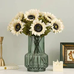 Hawesome White Sunflowers Artificial Flowers 7 Pcs Faux Silk Sunflowers Bouquet Fake Real Touch Long Stems Floral for Wedding Party Centerpieces Home Decoration(Autumn White)