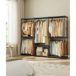 Heavy Duty Clothes Rack with Double Rails Storage Shelf Fabric Pockets Clothing Organizer with Swivel Wheels for Home Bedroom Use