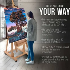 Heavy Duty Extra Large Adjustable Wood H-Frame Easel - Sturdy Wooden Stand, Locking Caster Wheels - Studio Artist Easel for Painting, Canvas Holder Display, Sturdy Beechwood