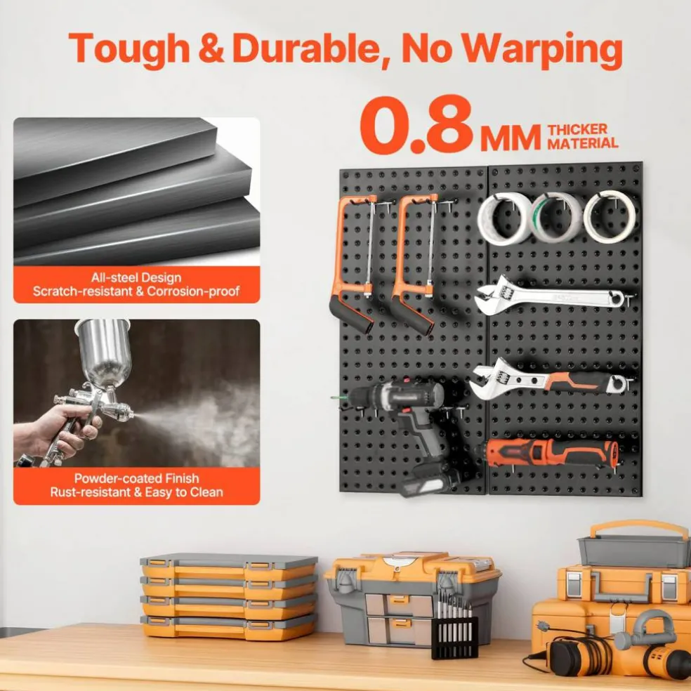 Heavy Duty Metal Pegboard Wall Organizer Steel Tool Storage Panel with Hooks