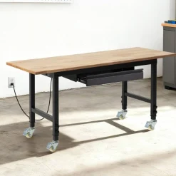 Heavy Duty Wood Workbench 60 x 24 Inch, Adjustable Height Garage Work Table with 4 AC Outlets, USB Ports, Storage Drawer and Locking Casters