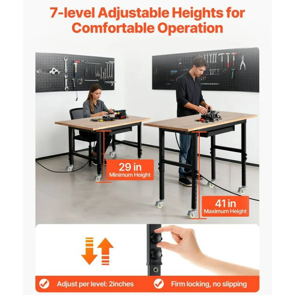 Heavy Duty Wood Workbench 60 x 24 Inch, Adjustable Height Garage Work Table with 4 AC Outlets, USB Ports, Storage Drawer and Locking Casters