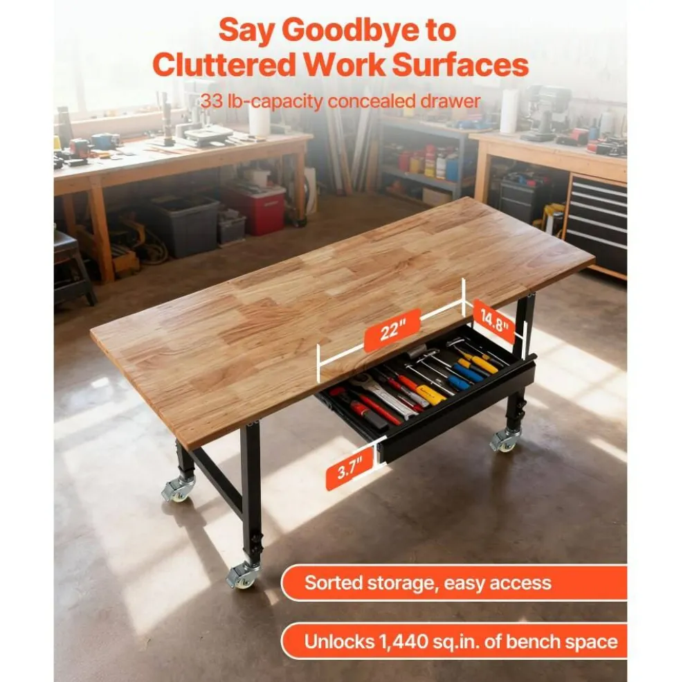 Heavy Duty Wood Workbench 60 x 24 Inch, Adjustable Height Garage Work Table with 4 AC Outlets, USB Ports, Storage Drawer and Locking Casters