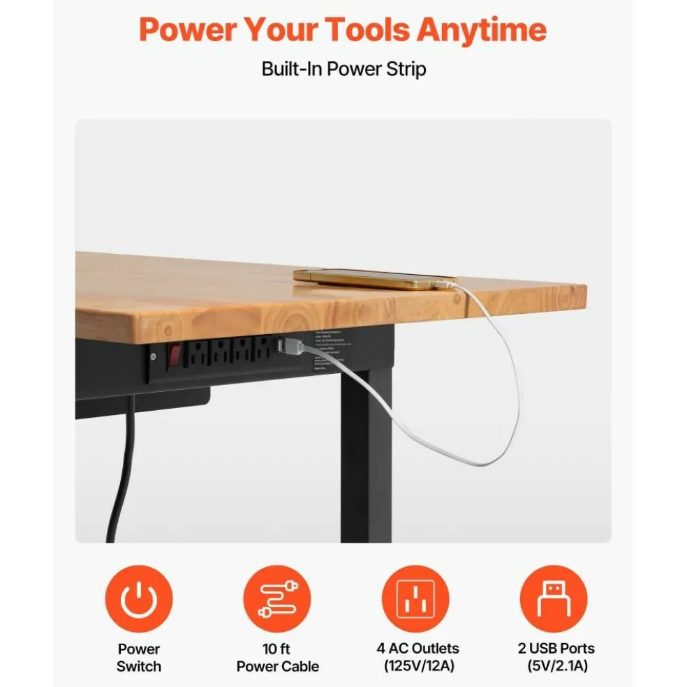 Heavy Duty Wood Workbench 60 x 24 Inch, Adjustable Height Garage Work Table with 4 AC Outlets, USB Ports, Storage Drawer and Locking Casters