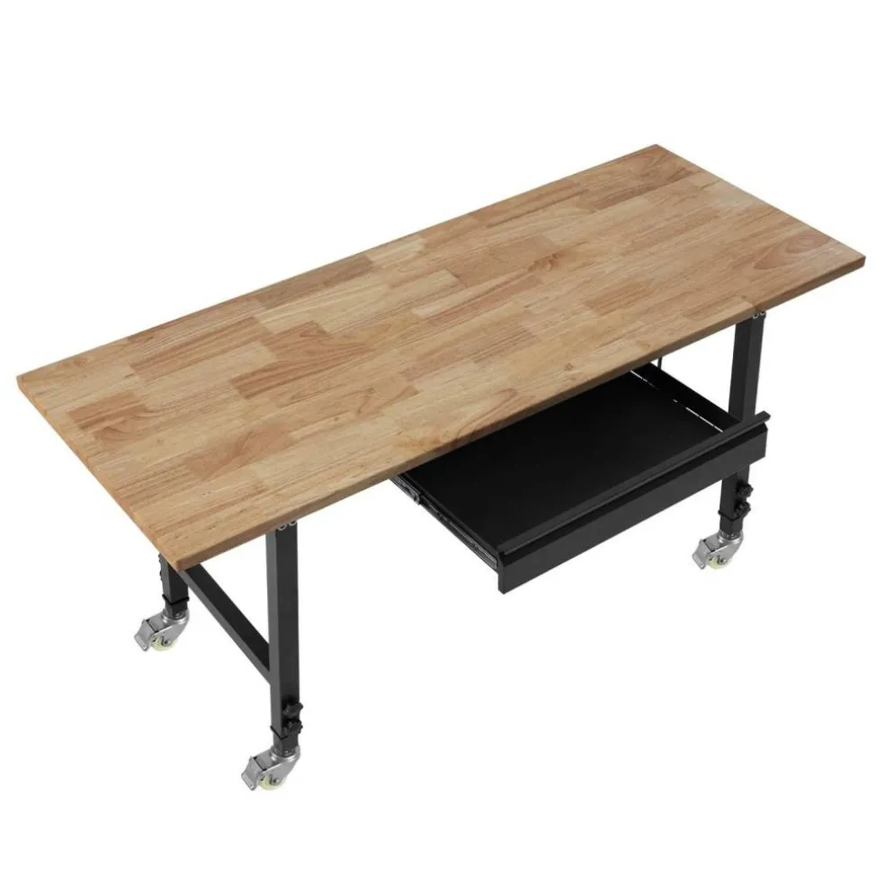 Heavy Duty Wood Workbench 60 x 24 Inch, Adjustable Height Garage Work Table with 4 AC Outlets, USB Ports, Storage Drawer and Locking Casters