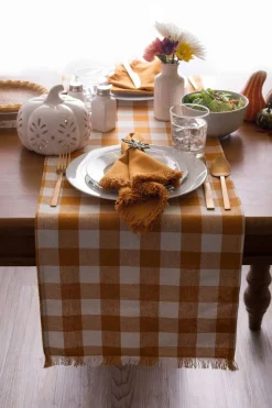 Heavyweight Fringed Check Tabletop Collection, Table Runner, 14x108, Pumpkin Spice