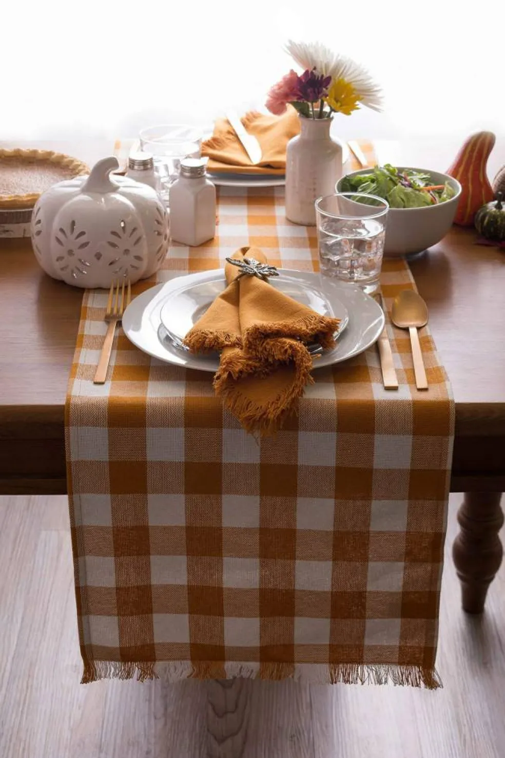 Heavyweight Fringed Check Tabletop Collection, Table Runner, 14x108, Pumpkin Spice