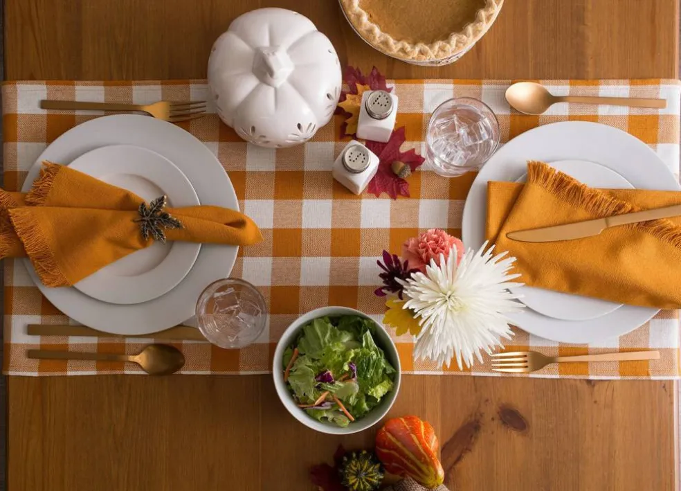 Heavyweight Fringed Check Tabletop Collection, Table Runner, 14x108, Pumpkin Spice