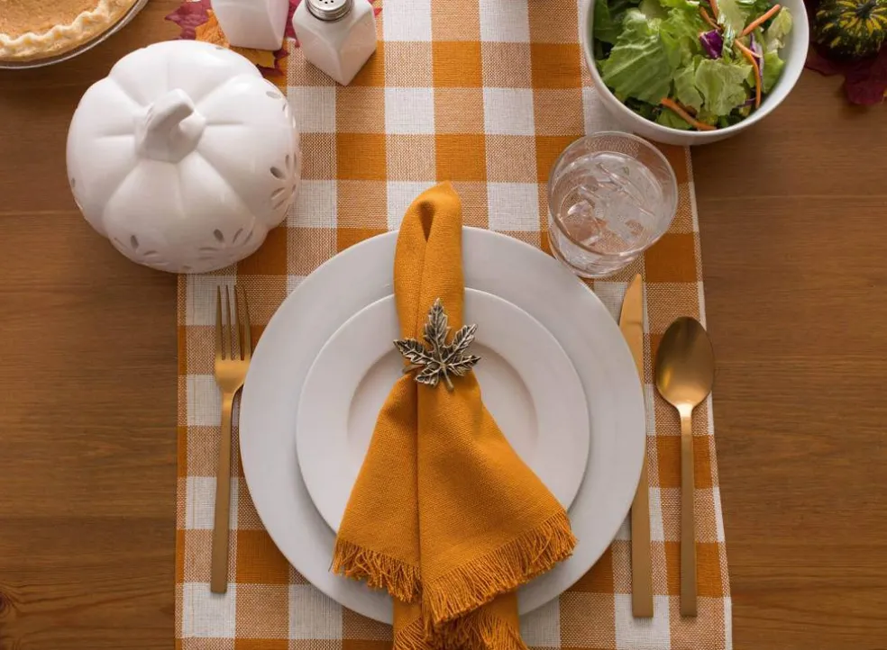 Heavyweight Fringed Check Tabletop Collection, Table Runner, 14x108, Pumpkin Spice