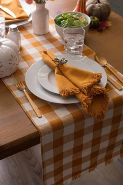 Heavyweight Fringed Check Tabletop Collection, Table Runner, 14x108, Pumpkin Spice