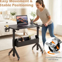 Height Adjustable Standing Desk with Wheels, Mobile Laptop Workstation with Storage Basket, Cup Holder and Cable Management for Home and Office