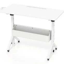 Height Adjustable Standing Desk with Wheels, Mobile Laptop Workstation with Storage Basket, Cup Holder and Cable Management for Home and Office