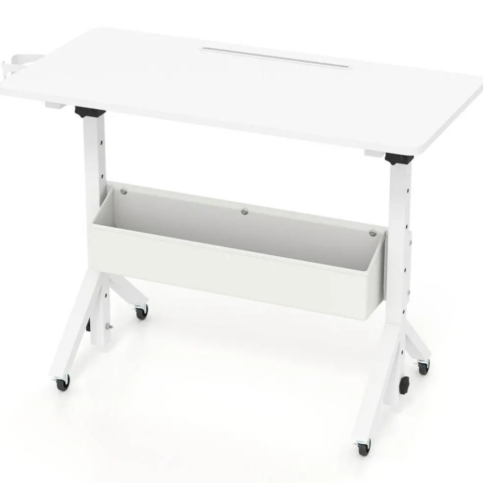 Height Adjustable Standing Desk with Wheels, Mobile Laptop Workstation with Storage Basket, Cup Holder and Cable Management for Home and Office