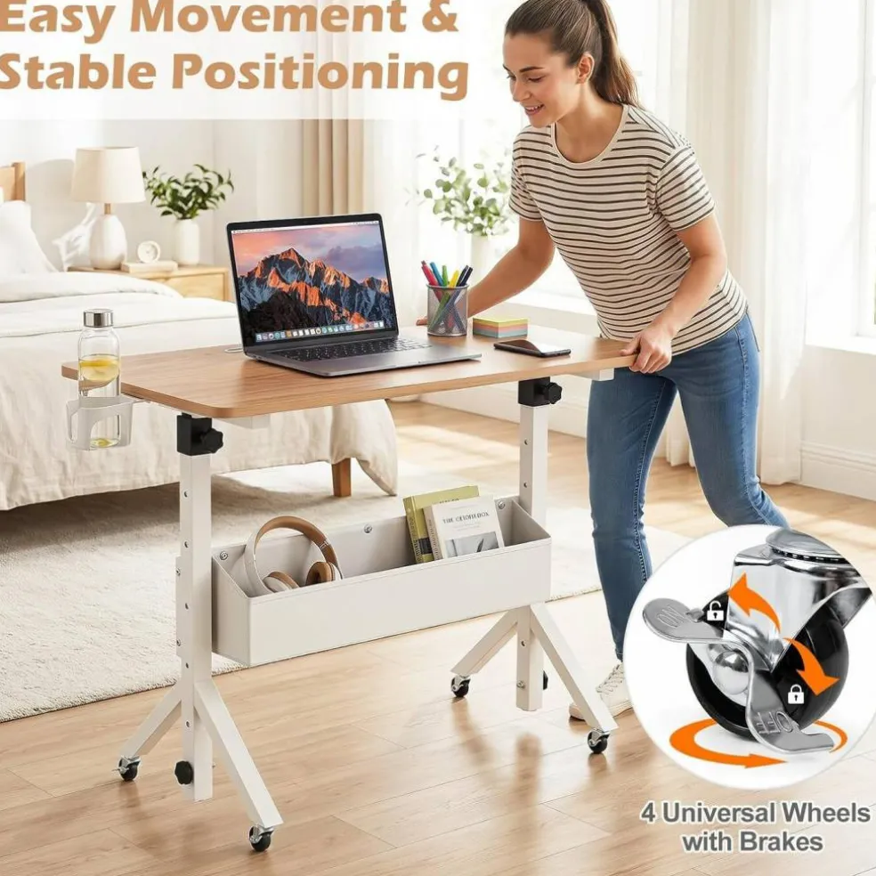 Height Adjustable Standing Desk with Wheels, Mobile Laptop Workstation with Storage Basket, Cup Holder and Cable Management for Home and Office