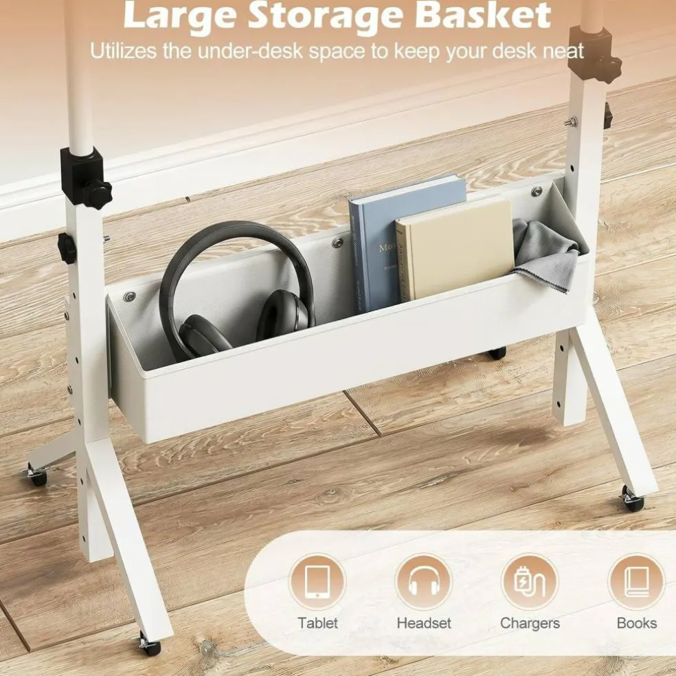 Height Adjustable Standing Desk with Wheels, Mobile Laptop Workstation with Storage Basket, Cup Holder and Cable Management for Home and Office