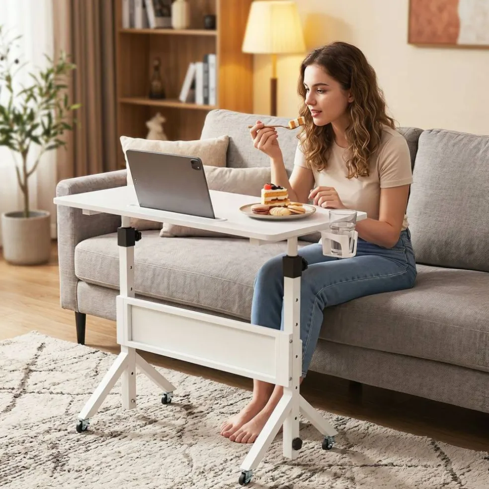 Height Adjustable Standing Desk with Wheels, Mobile Laptop Workstation with Storage Basket, Cup Holder and Cable Management for Home and Office