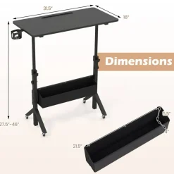 Height Adjustable Standing Desk with Wheels, Mobile Laptop Workstation with Storage Basket, Cup Holder and Cable Management for Home and Office